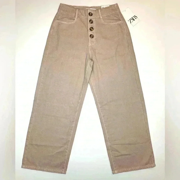 Zara Womens High Waist Exposed Button Culotte Jeans Pastel Pink Size 6 - Picture 1 of 11